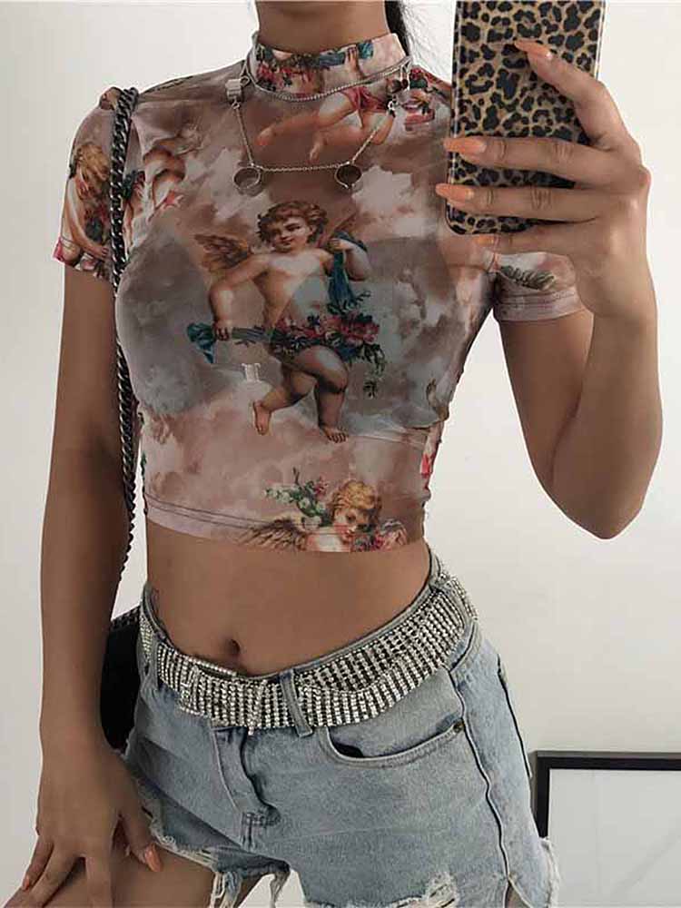 Camiseta de malla con estampado de Ángel para mujer, Top corto de cuello alto, camisetas gráficas de manga corta, ropa de calle Harajuku, gran oferta