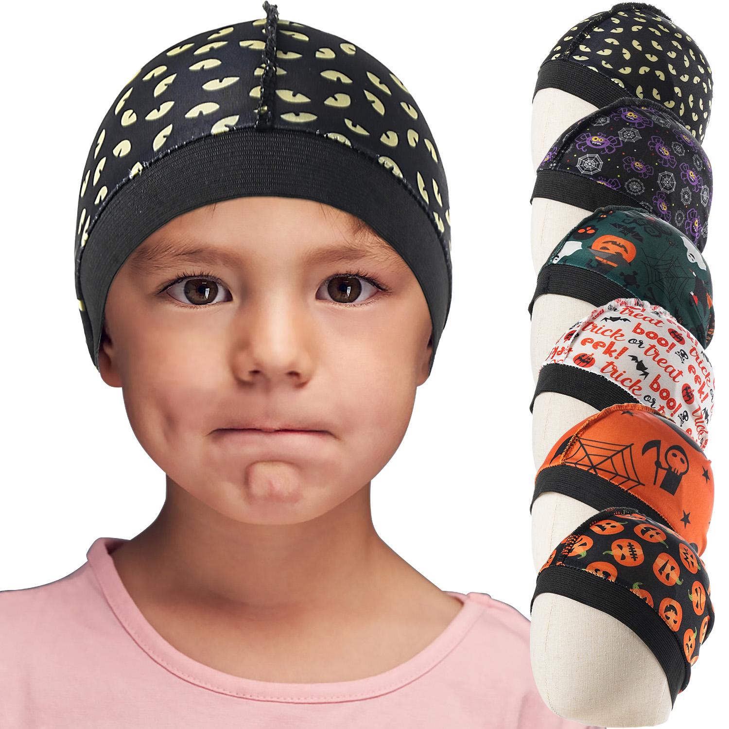 Topi gelombang kubah halus anak-anak cetak Halloween baru 2024 topi penutup rambut Bonnet anak-anak Satin halus topi tidur malam topi Aksesori rambut