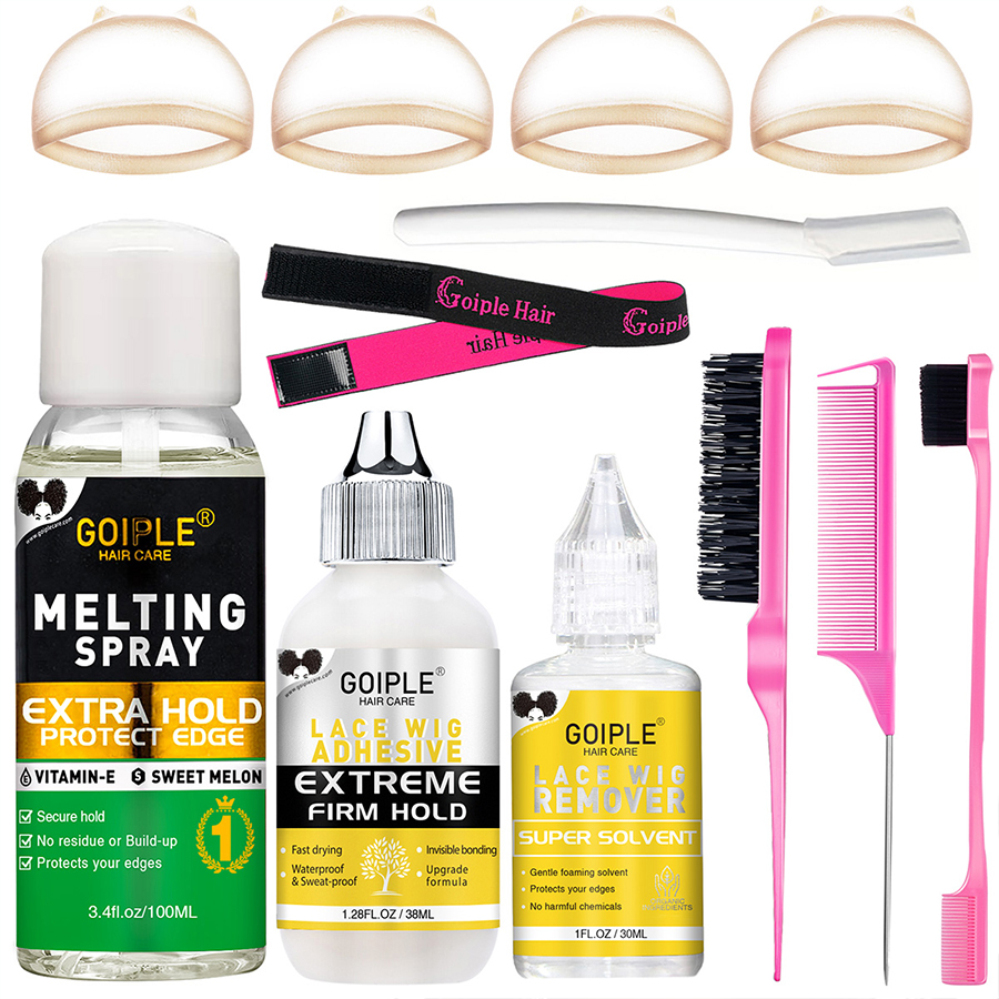 GOIPLE Kit de colle imperméable pour perruques, Spray de fixation, Spray de fusion, Dissolvant d'adhésif pour perruques, Bonnets de perruque HD pour l'installation d'une ligne de cheveux naturelle