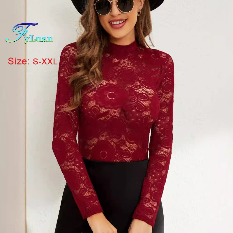 แขนยาวผู้หญิงเสื้อลูกไม้เซ็กซี่กึ่งมุมมองขนาดเล็กSlimming Base Layer Topsสีทึบอเนกประสงค์Pullover