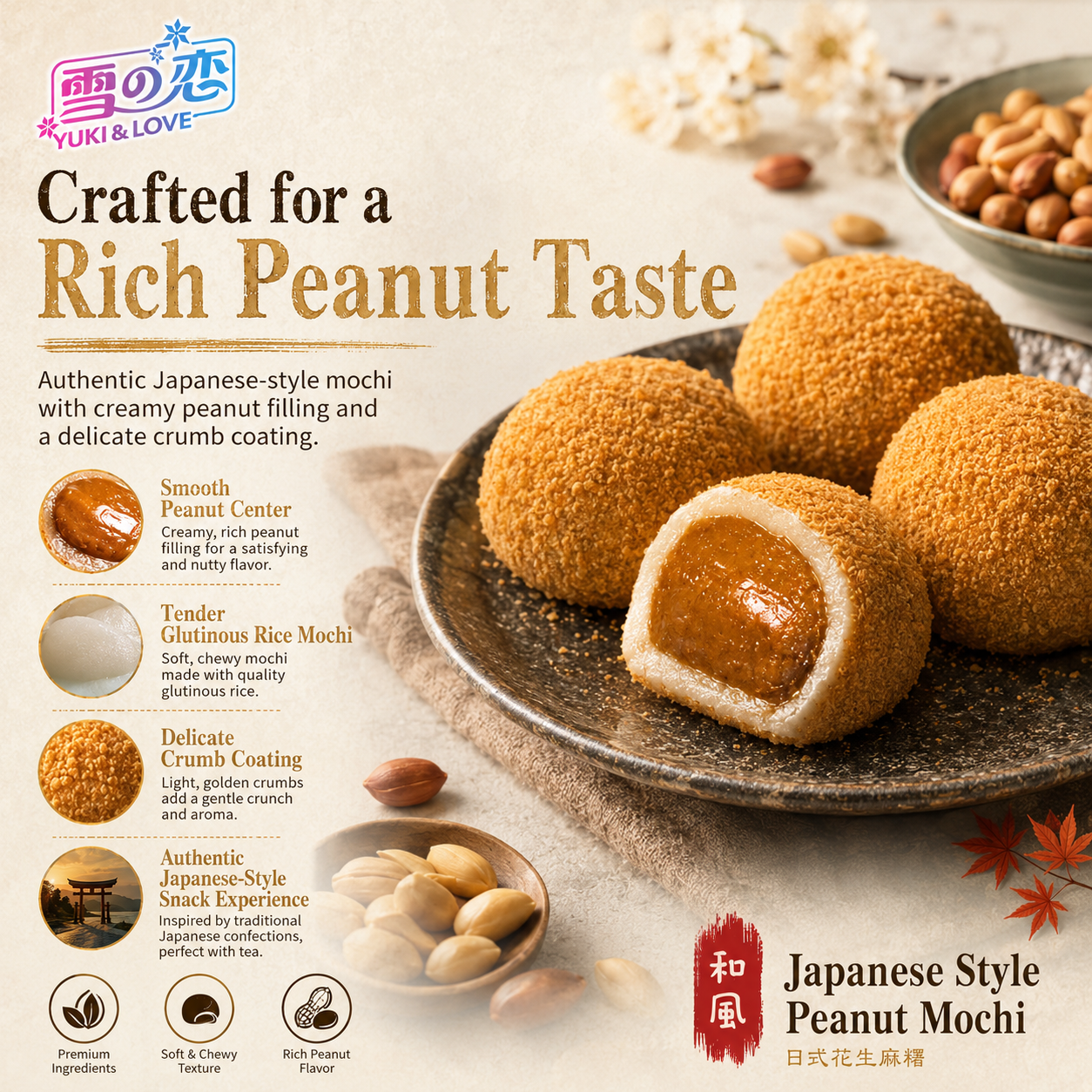 Auténtico Mochi de Cacahuete Wafu de YUKI&LOVE, Clásico Postre Japonés de Arroz Masticable Cubierto con Trozos Crujientes de Cacahuete, Caja de 210g, Delicias Diarias Europeas