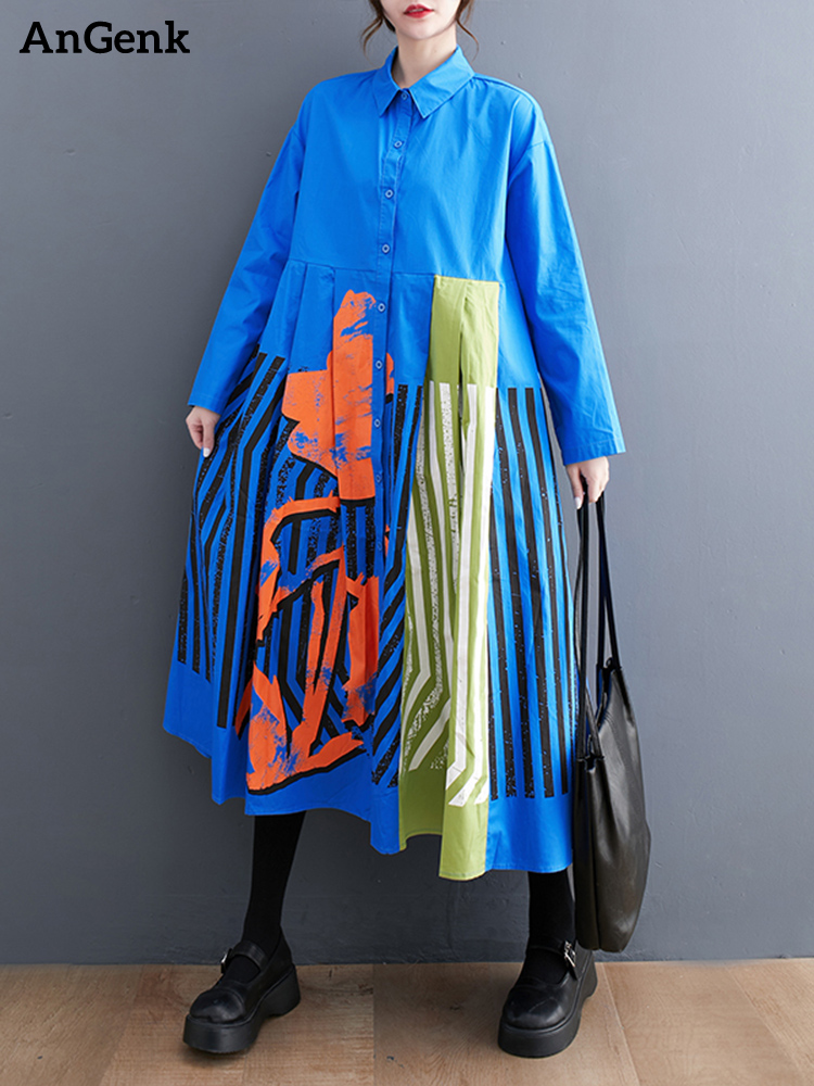 Vestidos de Manga Larga con Estampado Vintage y Parches para Mujer, Vestido Midi Holgado Informal, Ropa Elegante de Moda para Primavera y Otoño 2026