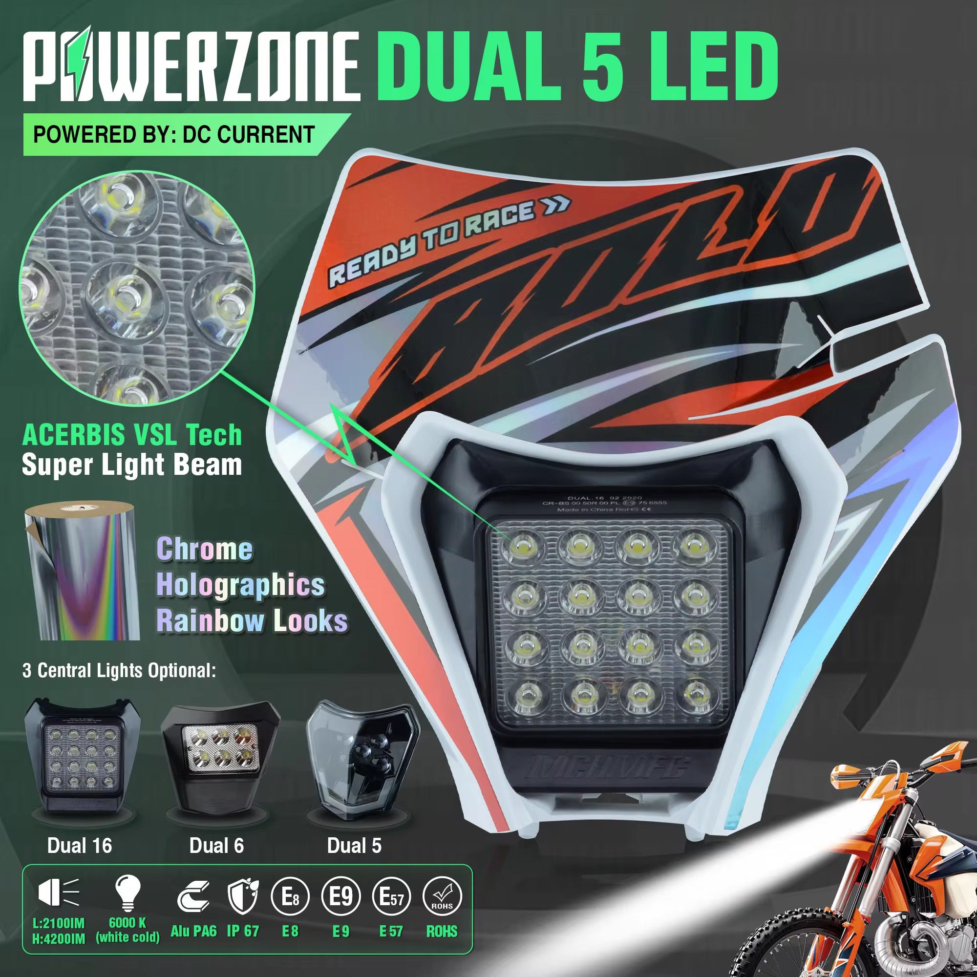 Powerzone motocicleta led farol cabeça luzes supermoto carenagem para ktm exc sxf mx bicicleta da sujeira enduro led farol