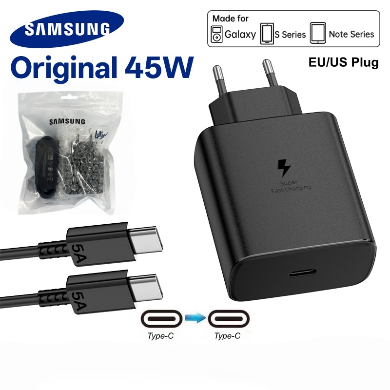 อะแดปเตอร์ชาร์จเร็ว 45w ของแท้จากซัมซุง สายชาร์จ Type C ยาว 1.5 เมตร สำหรับ Galaxy S25 S24 S23 S22 S21 S20 Note 20 Ultra 10 Z Flip Fold 7