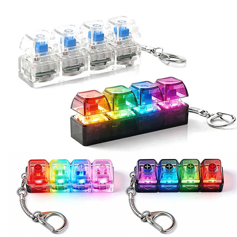 Klawiatura na palec z 4 przyciskami, przezroczyste nakładki RGB, mechaniczne nakładki LED z efektem kliknięcia, brelok, dotykowa zabawka antystresowa, prezent.