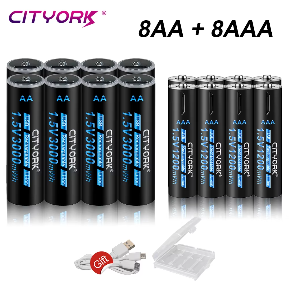 AA + AAA USB-Akku mit hoher Kapazität, 1,5 V AA, 3000 mWh, AAA, 1200 mWh, Li-Ionen-Akku für kabellose Fernbedienungsmaus