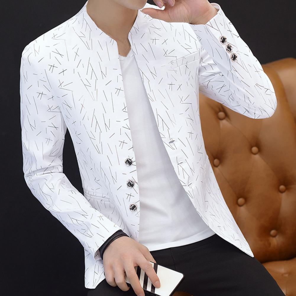 Mannen Business Vintage Print 2024 Mannen Casual Koreaanse Casual Blazers Jeugd Knappe Slanke Print Nep Zakken Knoppen Blazer