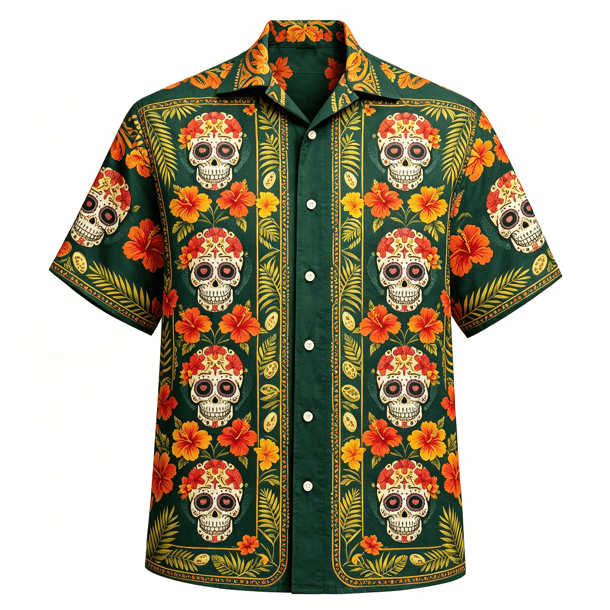 เสื้อเชิ้ตลายกะโหลกน้ำตาลฮาวายสำหรับผู้ชาย พิมพ์ลายดอกชบา ลำลองสำหรับฤดูร้อน ชายหาด ติดกระดุม