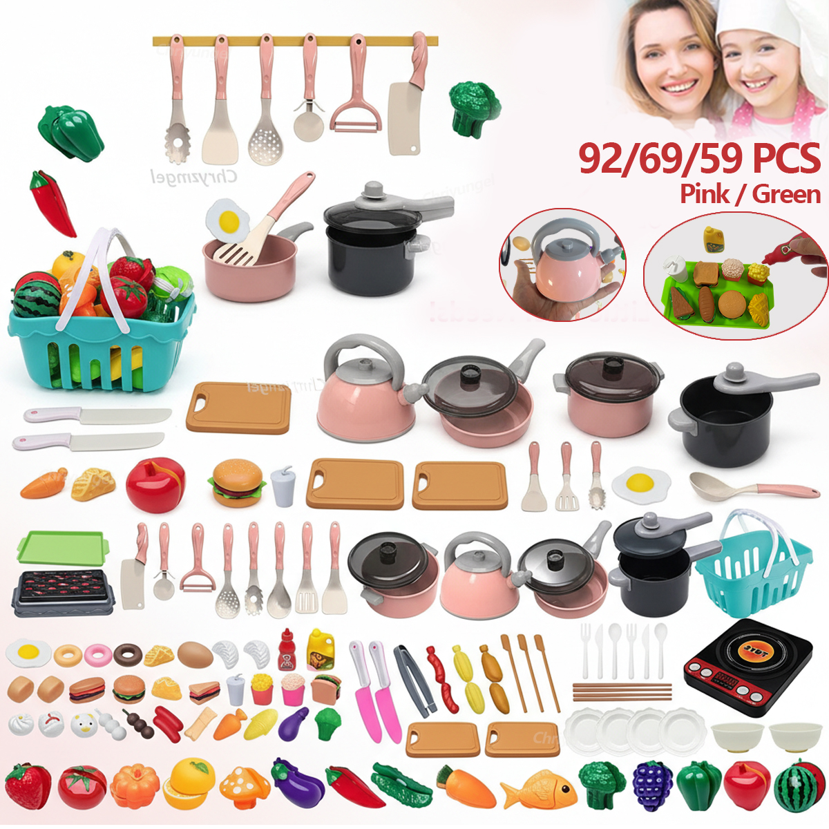 Juego de Juguetes de Cocina para Niños, Mini 92/69/59 Piezas, Juego de Imitación de Cocina con Ollas, Sartenes y Utensilios para Niños Pequeños, Niñas y Niños, Regalo