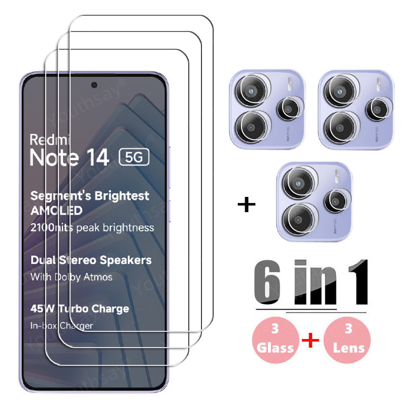 Vidrio Gule completo para Xiaomi Redmi Note 14 5G vidrio templado Redmi Note 14 Protector de pantalla lente de cámara película Redmi Note 14