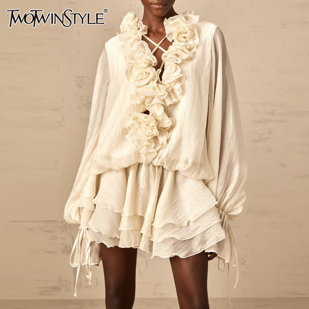 TWOTWINSTYLE Solid Losse Gesplitste 3D Bloemen Jurken voor Vrouwen V-hals Lange Mouwen Patchwork Ruches Vouw Jurk Vrouwelijke Kleding