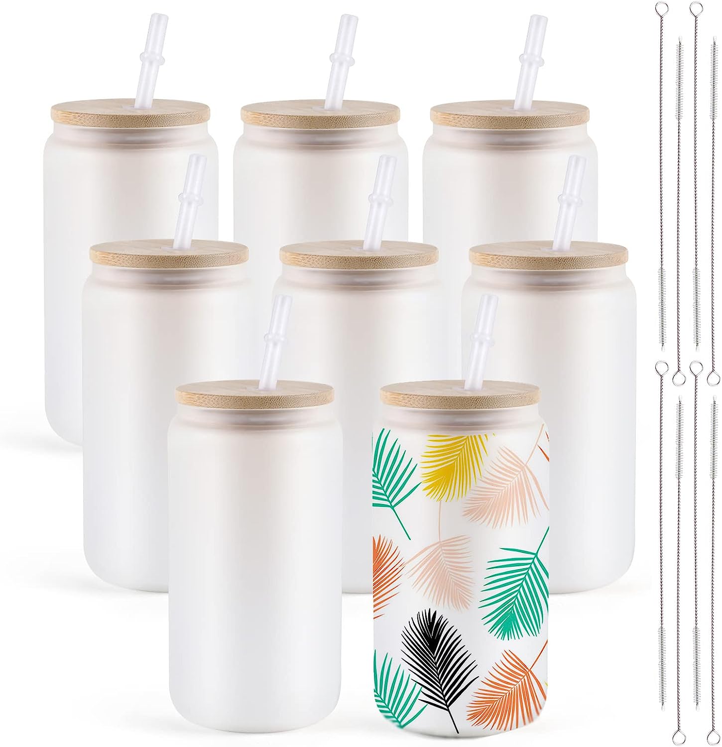 HTVRONT-vasos de sublimación de vidrio esmerilado/transparente con tapa de bambú, vaso sublimado, espacios en blanco, bricolaje, tazas de café helado, 8 paquetes, 16OZ