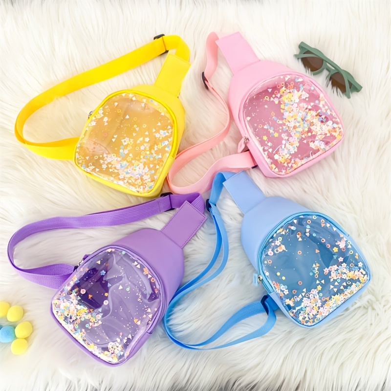Bolso de pecho con lentejuelas transparentes para niños, bolso cruzado con cremallera, monedero, creativo, bonito, colorido
