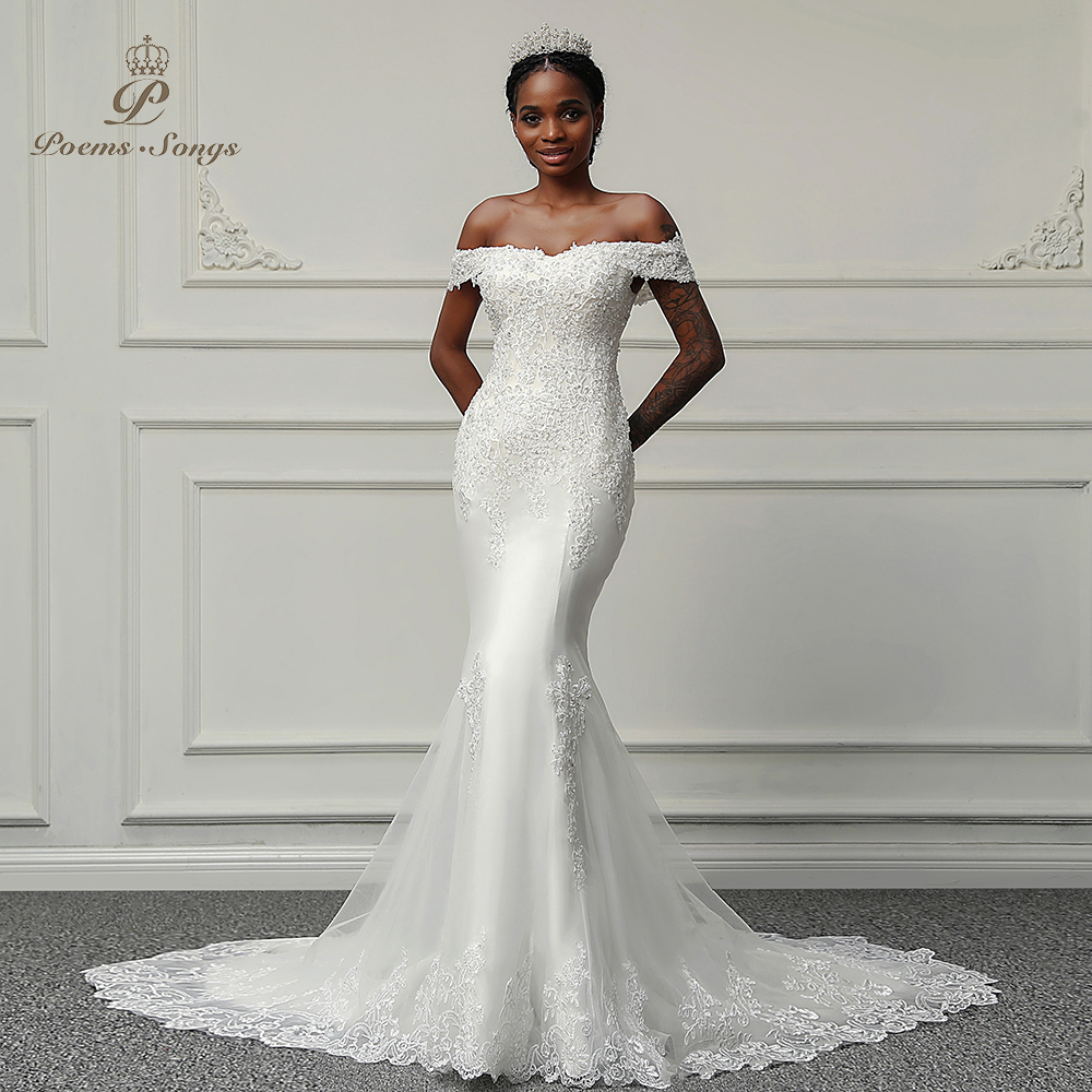 Novo barco pescoço sereia vestidos de casamento para mulheres apliques mão miçangas vestido de noiva novia boda em estoque
