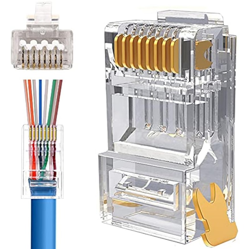 RJ45 Cat6 Cat6a melewati konektor lapis emas 8P8C colokan Modular untuk 23AWG kawat pasangan terpilin & kabel standar (100 Pak)