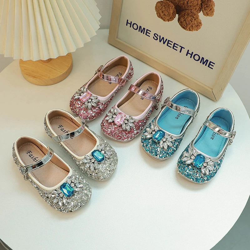 Zapatos de cuero para niña pequeña, zapatos planos de lujo con diamantes de imitación para primavera y otoño, zapatos de Ballet de princesa informales con lentejuelas a la moda para niño