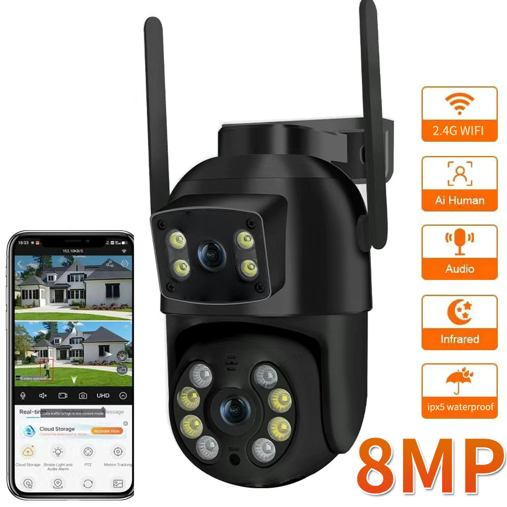 Caméra Wifi PTZ 8MP 4K avec double objectif, double écran, détection humaine AI, caméra IP de sécurité CCTV extérieure sans fil