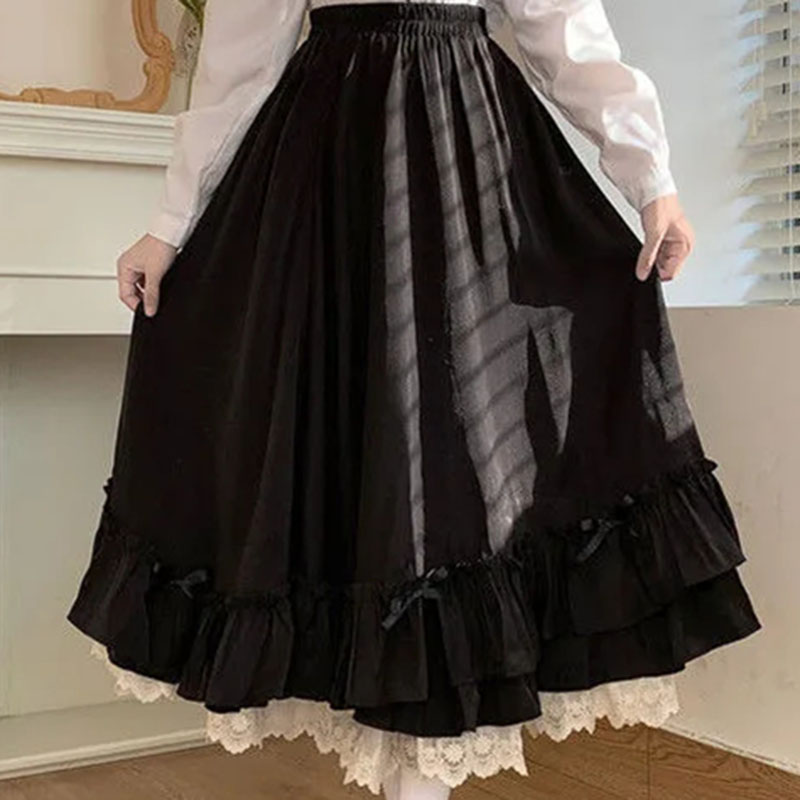 ญี่ปุ่น ruffles จีบกระโปรงผู้หญิงหวานสูงเอวหลวมข้อเท้าความยาวกระโปรงผู้หญิงสไตล์วิทยาลัยสีดํา Patchwork A-Line กระโปรง