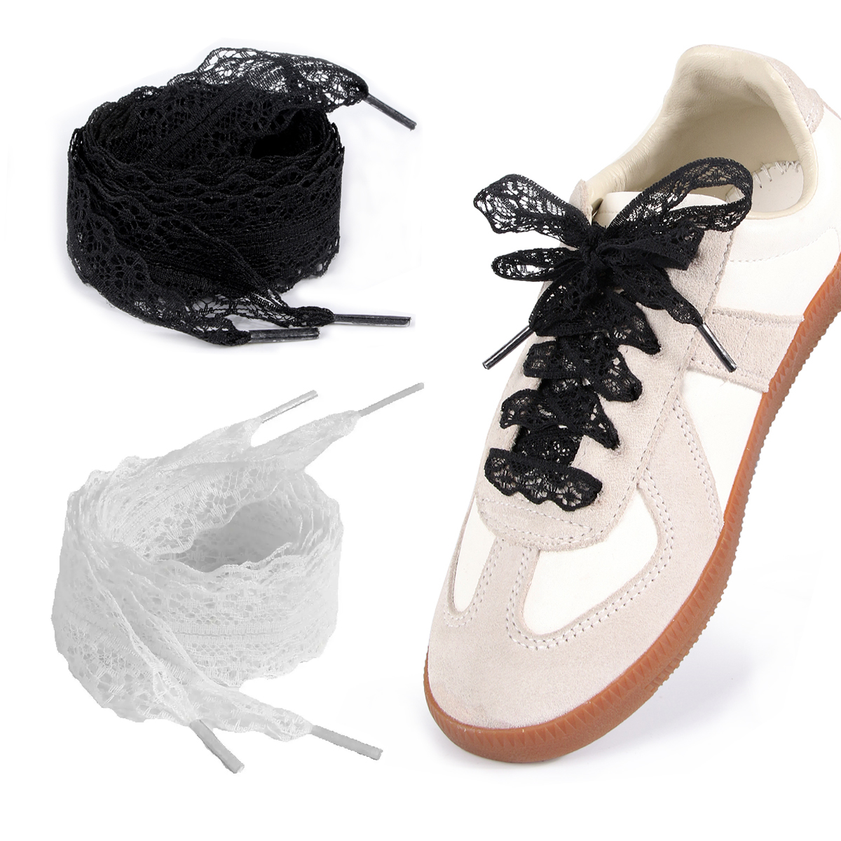 Cordones anchos DIY con ribete de seda calado, en blanco y negro, para zapatillas alemanas, deportivas y zapatos blancos