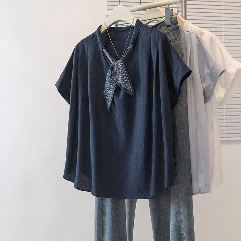 T-shirt casual da donna taglie forti, primaverile ed estivo, tinta unita, con collo a berretto, scollo a V, a maniche corte, da indossare sia all'interno che all'esterno