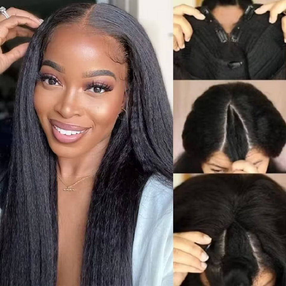 Peluca de cabello humano liso rizado con parte en V para mujer, con cordón ajustable, densidad 250, sin pegamento, sin necesidad de dejar cabello sin procesar, sin coser, color natural.