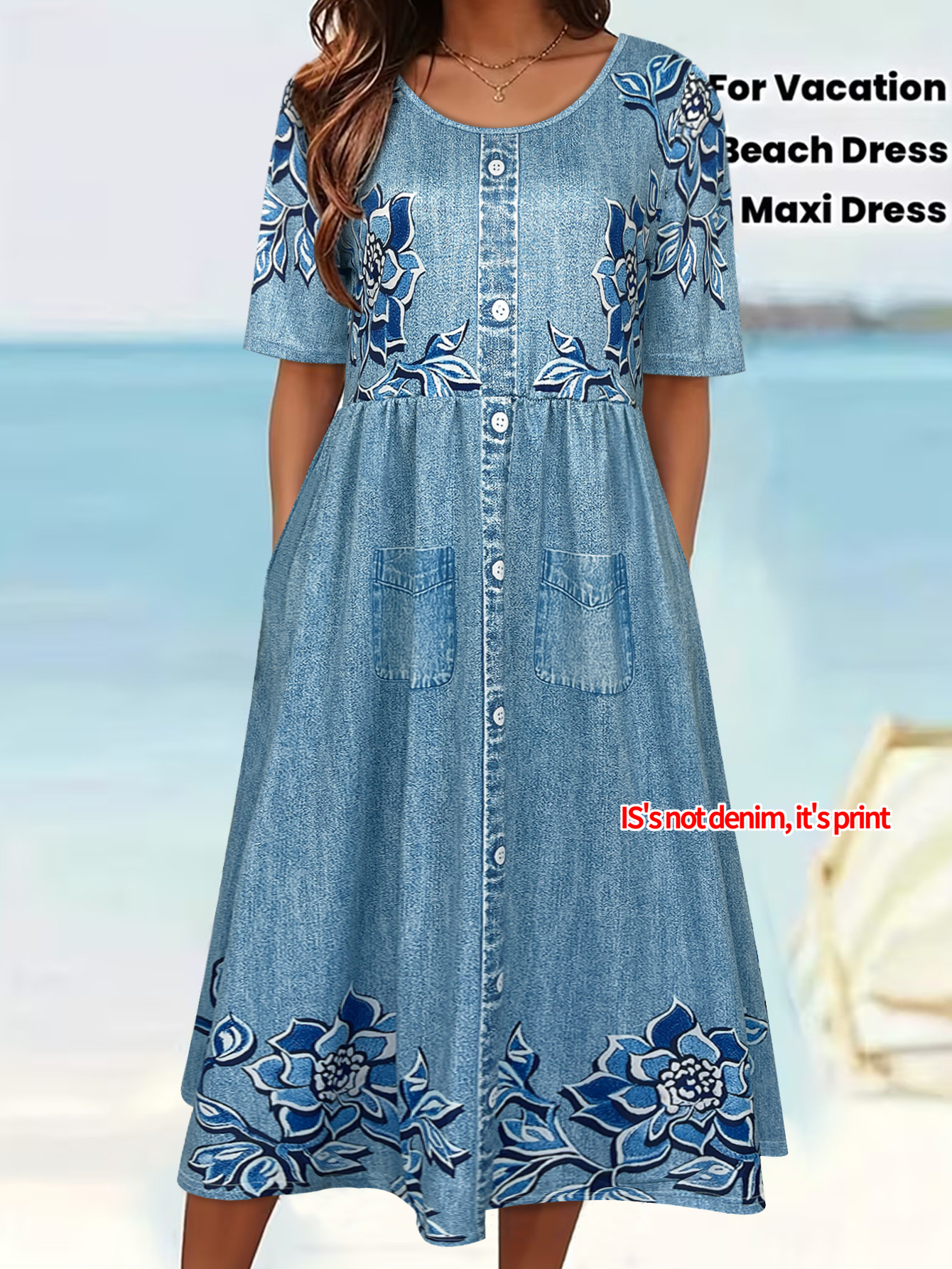 Gaun Midi Wanita Motif Bunga Bahan Denim Imitasi, Gaun Santai Musim Panas Kancing Depan Motif Cetak, Saku, Lengan Pendek, Gaya Boho