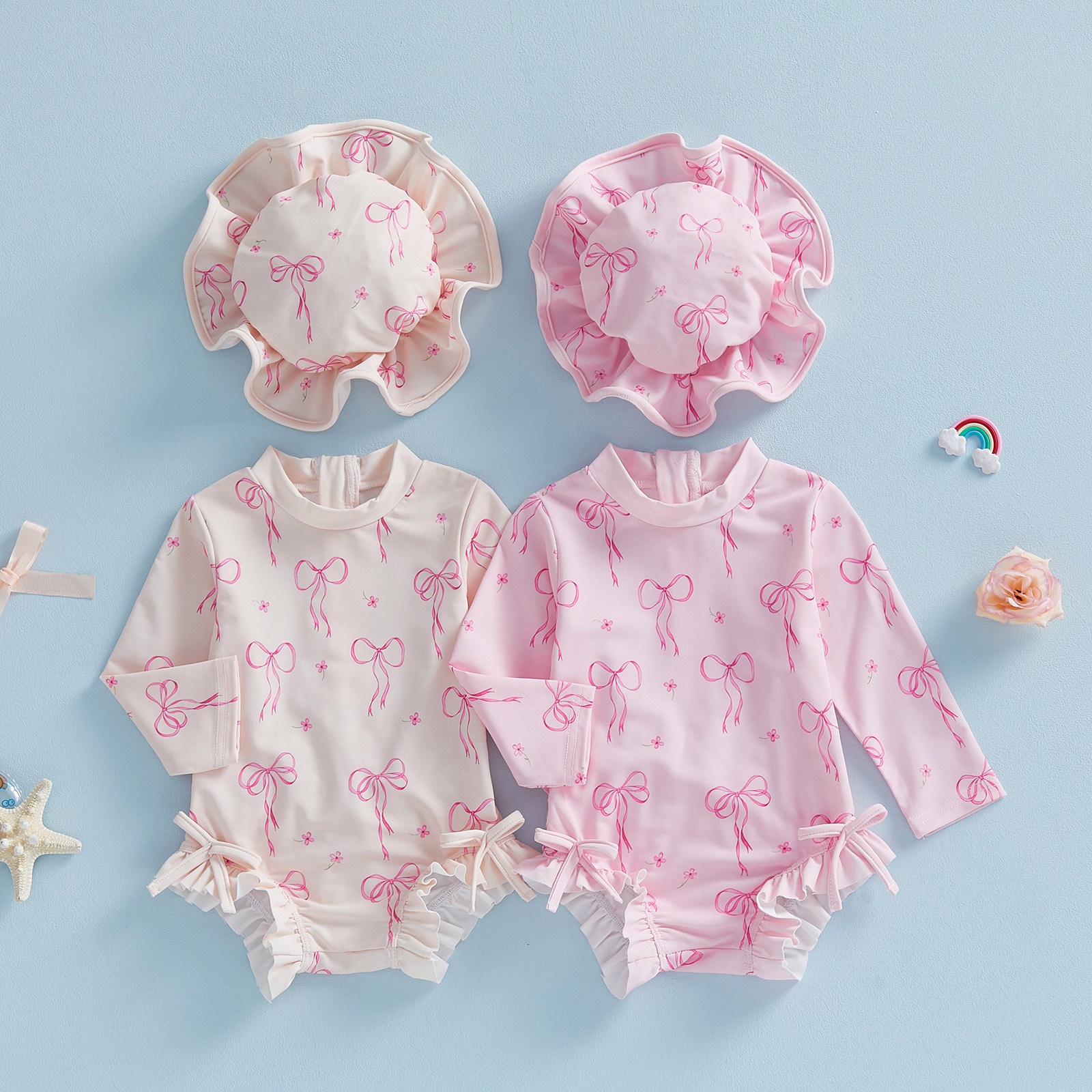 Toddler Baby Girl Rash Guard Swimsuit Bow Print Ruffled Long Sleeve Round Neck Beachwear Jumpsuit and Hat Swimwear 2Pcs Set
