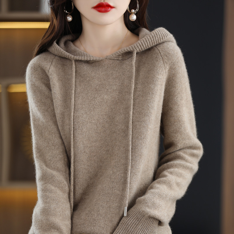 Suéter con capucha moda mujer Otoño Invierno manga larga Color sólido tejido sudaderas con capucha señora suelta cordón Casual pulóver Sudadera con capucha