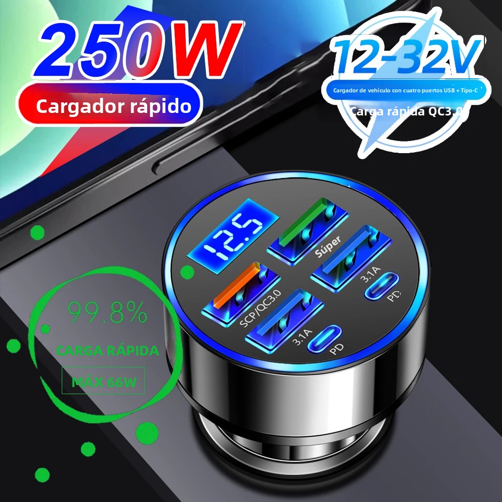 Cargador de coche PD de 66-250W QC3.0 carga rápida uno a seis enchufe de encendedor de cigarrillos de coche carga Flash con pantalla Digital