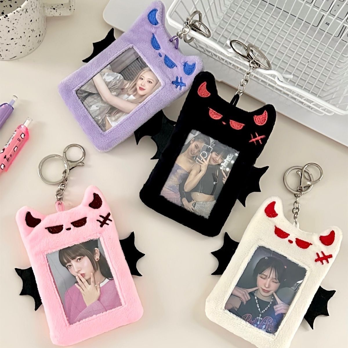 Cute Devil Plush Card Holder Portable Girly ID Card Photo Protective Sleeve for Credit ID Bank Card Bus Card FL