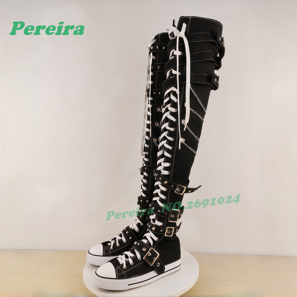 Zwarte canvas laarzen met meerdere gespen over de knie Witte veterlaarzen met kettingdecor Punk Gothic hoge platform sneakerslaarzen Patchwork