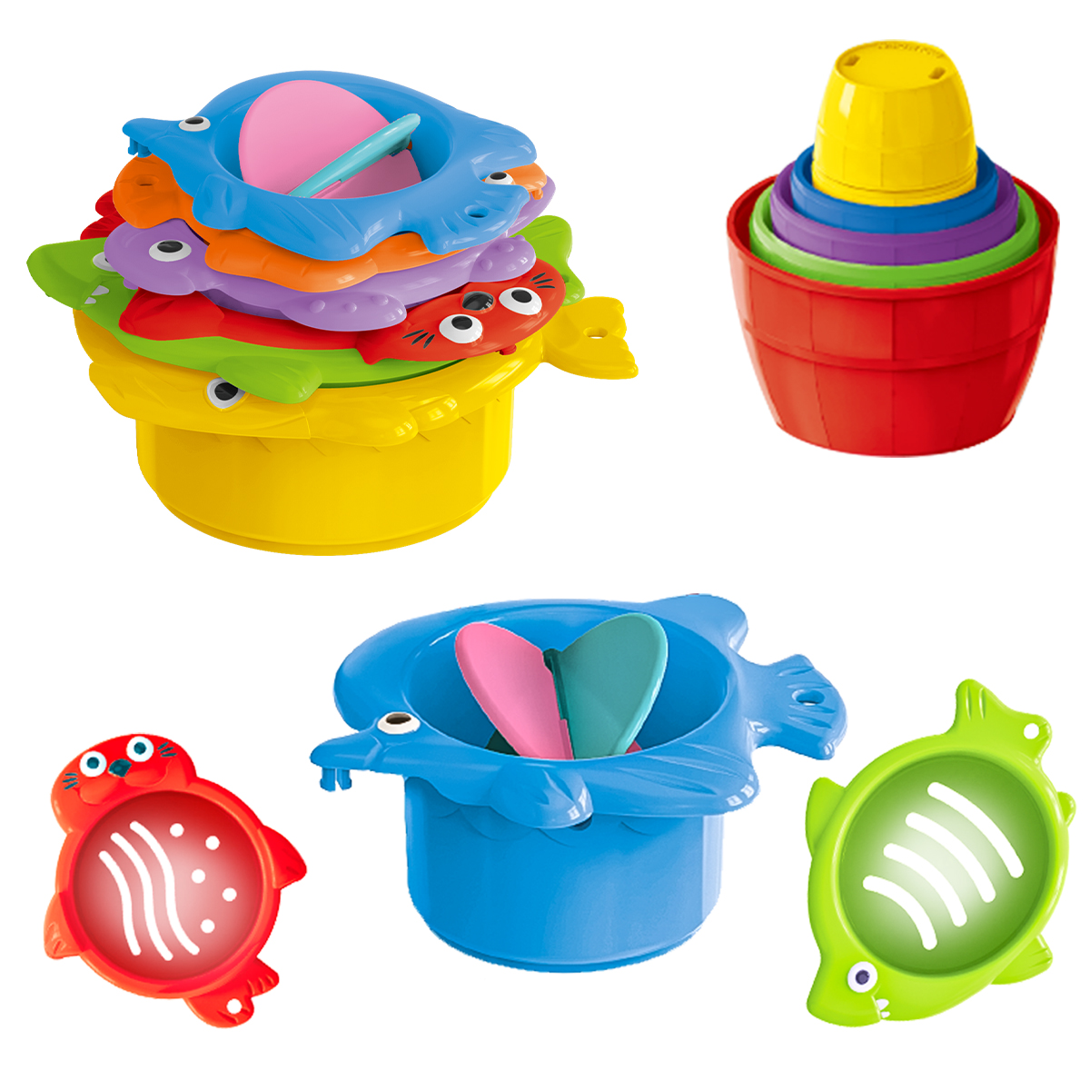 Juguetes de baño apilables para niños pequeños, cesta de tazas de colores aleatorios, baño de agua de verano, juegos de playa, regalos para niños y niñas, algunas partes al azar
