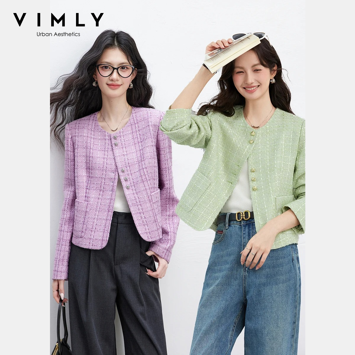VIMLY Tweed Korte Jassen Dames 2026 Lente Elegante Ronde Hals Zakjassen Patchwork Nieuw in Bovenkleding Dameskleding A5072