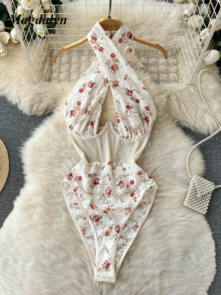 Magdalyn mulheres halter floral impressão macacão moda coreano design streetwear festa combinação catsuits uma peça malha bodysuits