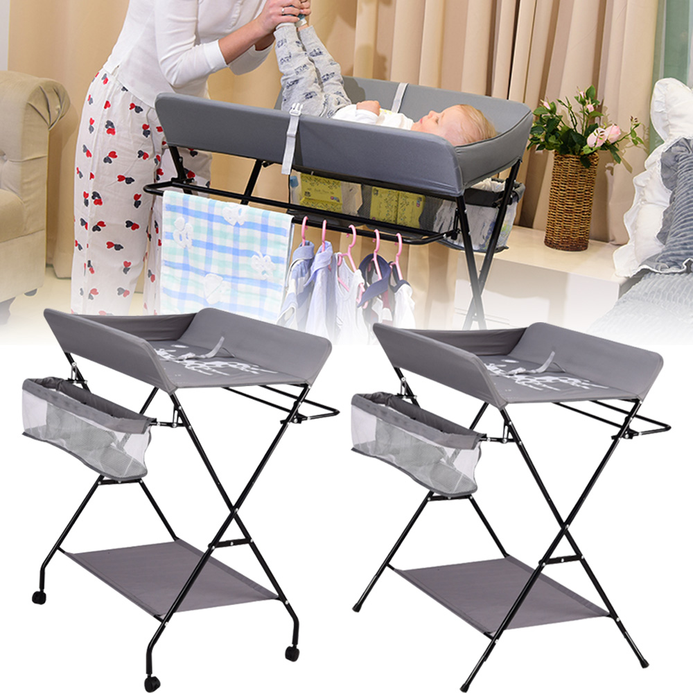Zusammenklappbarer Wickeltisch für Babywindeln, multifunktionale Wickelstation für die Babypflege, mit Korb und Bodenablage für 0–12 Monate
