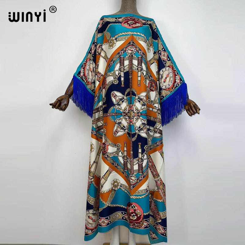 Midden-Oosten Kaftan Lange Jurken Vrouw Mode Vrouwen Sexy Boho Kwastjes Casual Chiffon Bloemen Avond Feest Strand Lange Maxi Jurk