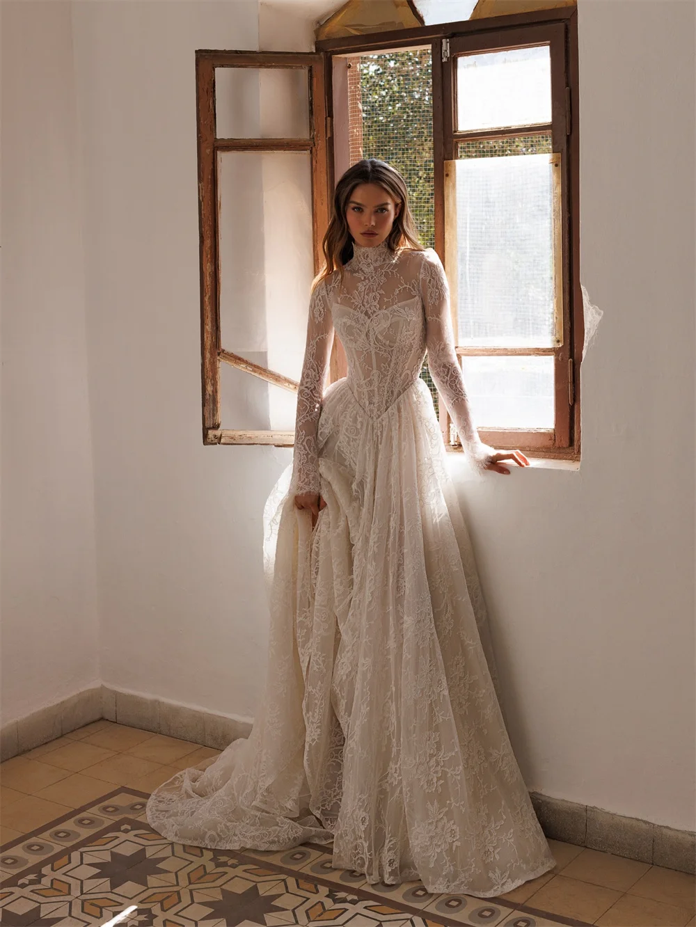 Customized High-Neck Long-Sleeved A-Line Lace Elegant Wedding Dress Vestidos De Novia Amanda Novias Amanda Novias Official