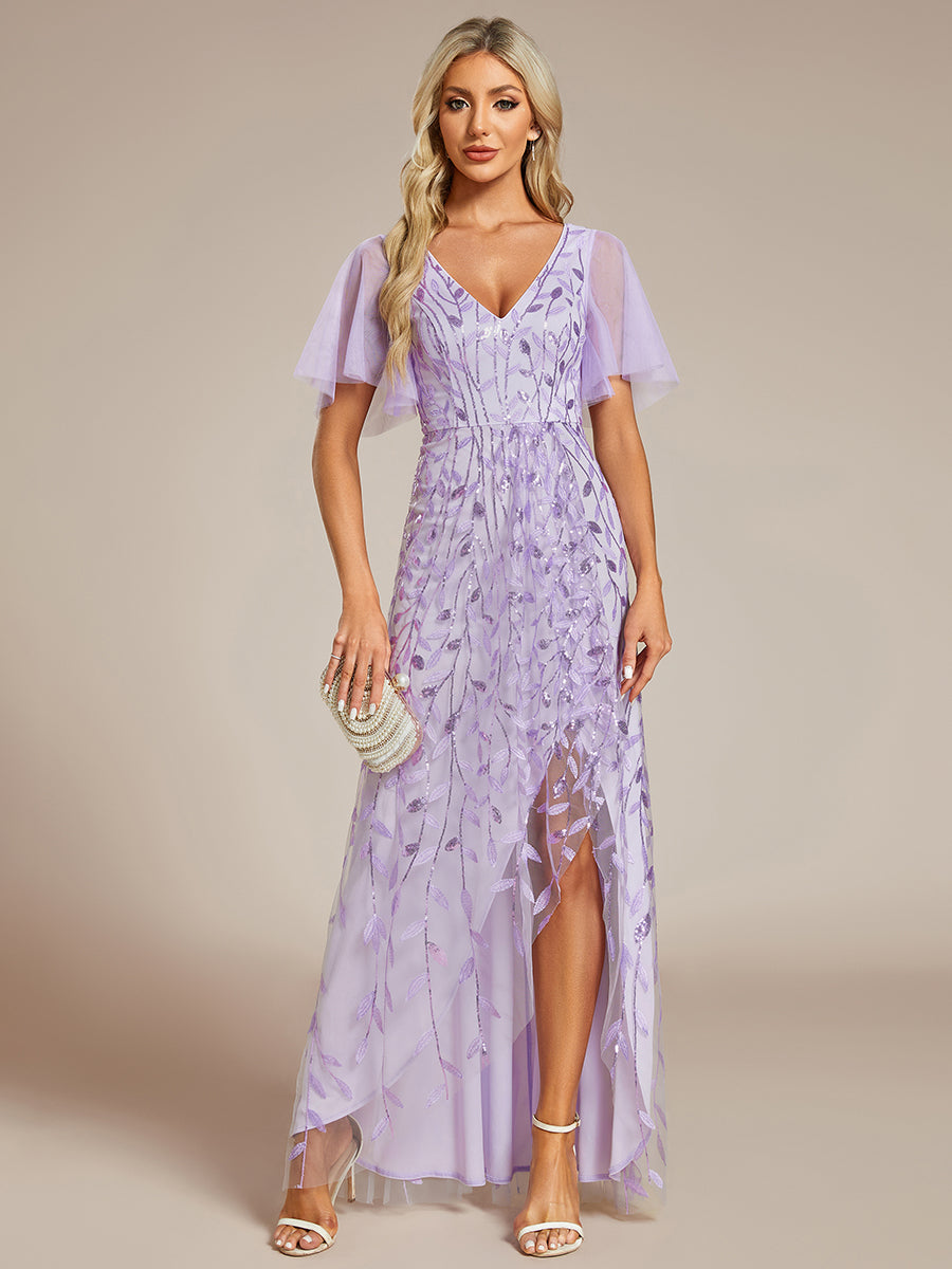 BAZIIINGAAA Party Dress Sequin Mesh High Low V-Neck Midi Evening Dress With Short Sleeves Evening dress