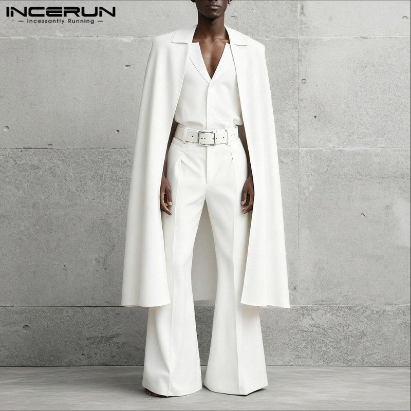 INCERUN Men Sets Solid Color Lapel Long Sleeve Long Style Cloak Blazer & Pants 2PCS Streetwear Loose Fashion Men's Casual Suits