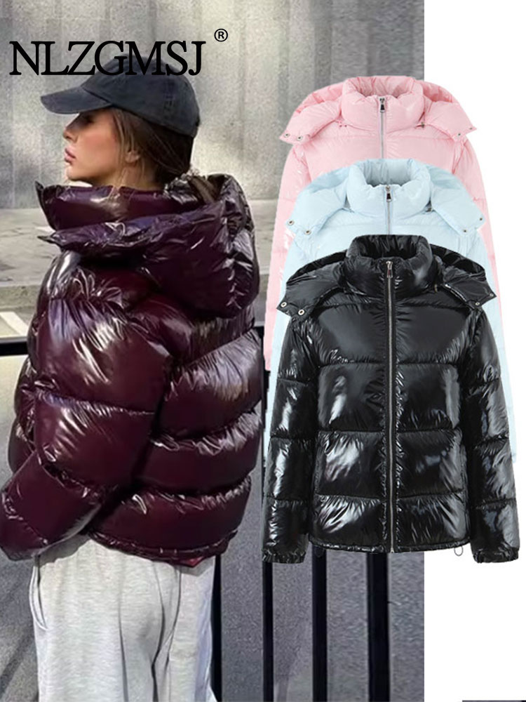 Nlzgmsj Winter Frauen Neue Mode Glänzende Oberfläche Jacke Stehkragen Langarm Zipper Mit Kapuze Parka Frauen Freizeit Mäntel Y2k