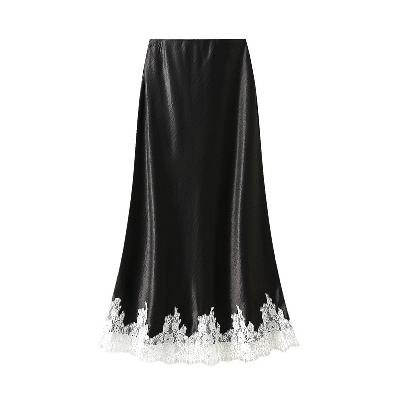 Jupe longue en Satin pour femmes, Patchwork de dentelle, mode élégante, taille haute, ligne a, noire, nouvelle collection été 2026