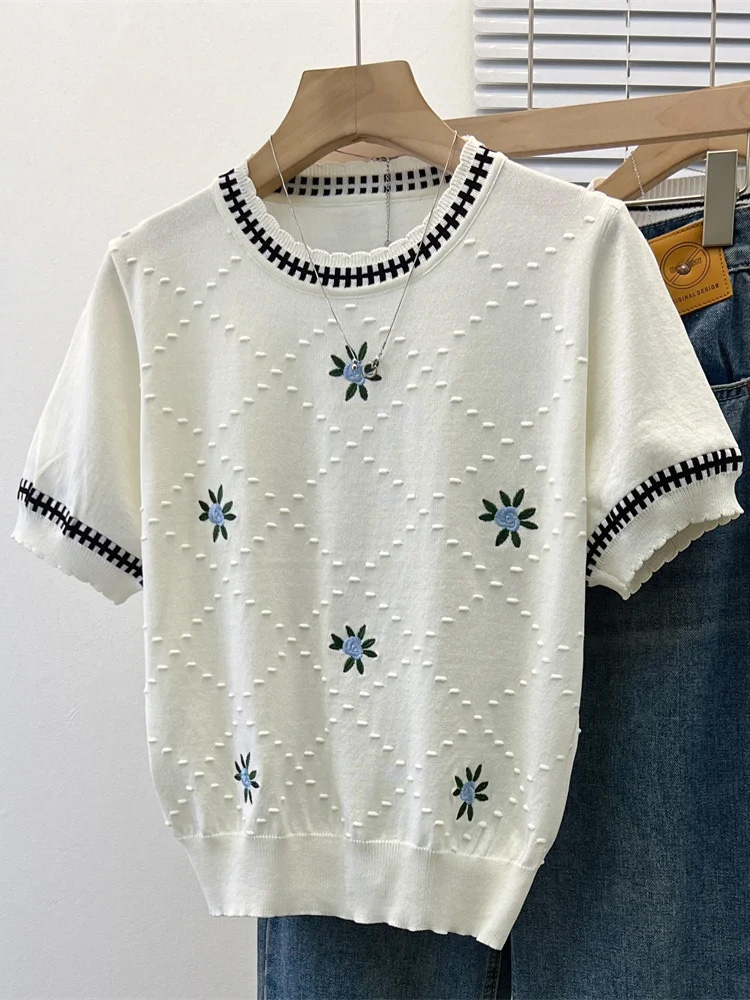2024 Zomer Stijlvolle Trui Voor Dames Gebreide Pullover T-Shirts Met Korte Mouwen En Kleur Geblokkeerde Mode Elegante Dames Gebreide Tops