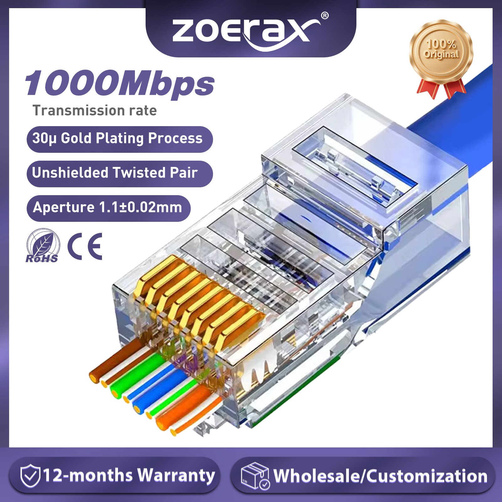 ZoeRax CAT6a Cat6 CAT5e Pass Through RJ45 Modularstecker Netzwerkanschlüsse UTP 30μ vergoldetes 1,2 mm Lochende für Ethernet-Kabel