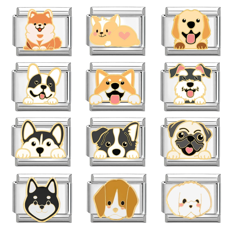 Liens de breloque en acier inoxydable pour bracelet, bijoux de bricolage, cadeaux exécutifs, chien de dessin animé mignon, Corgi, Husky, Border Collie, italien, ajustement de 9mm