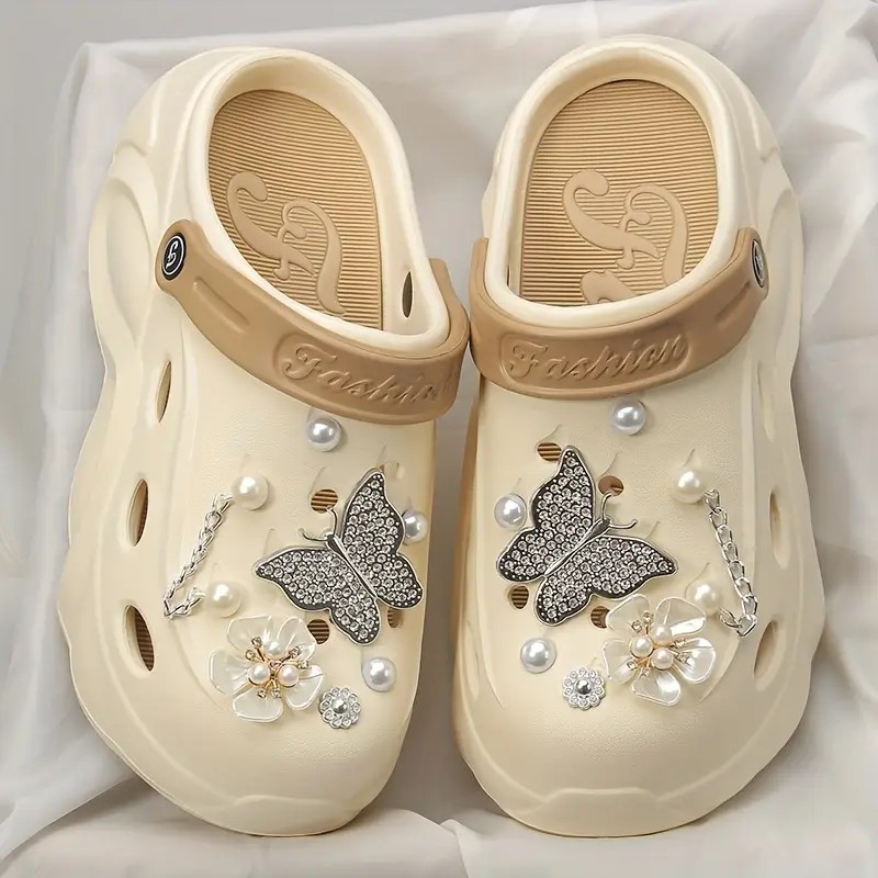 Zilveren Vlinder Platform Sandalen voor Vrouwen Zomer Mode Parel Bloem Decor Klompen Schoenen Vrouw Dikke Bodem EVA Strand Slippers