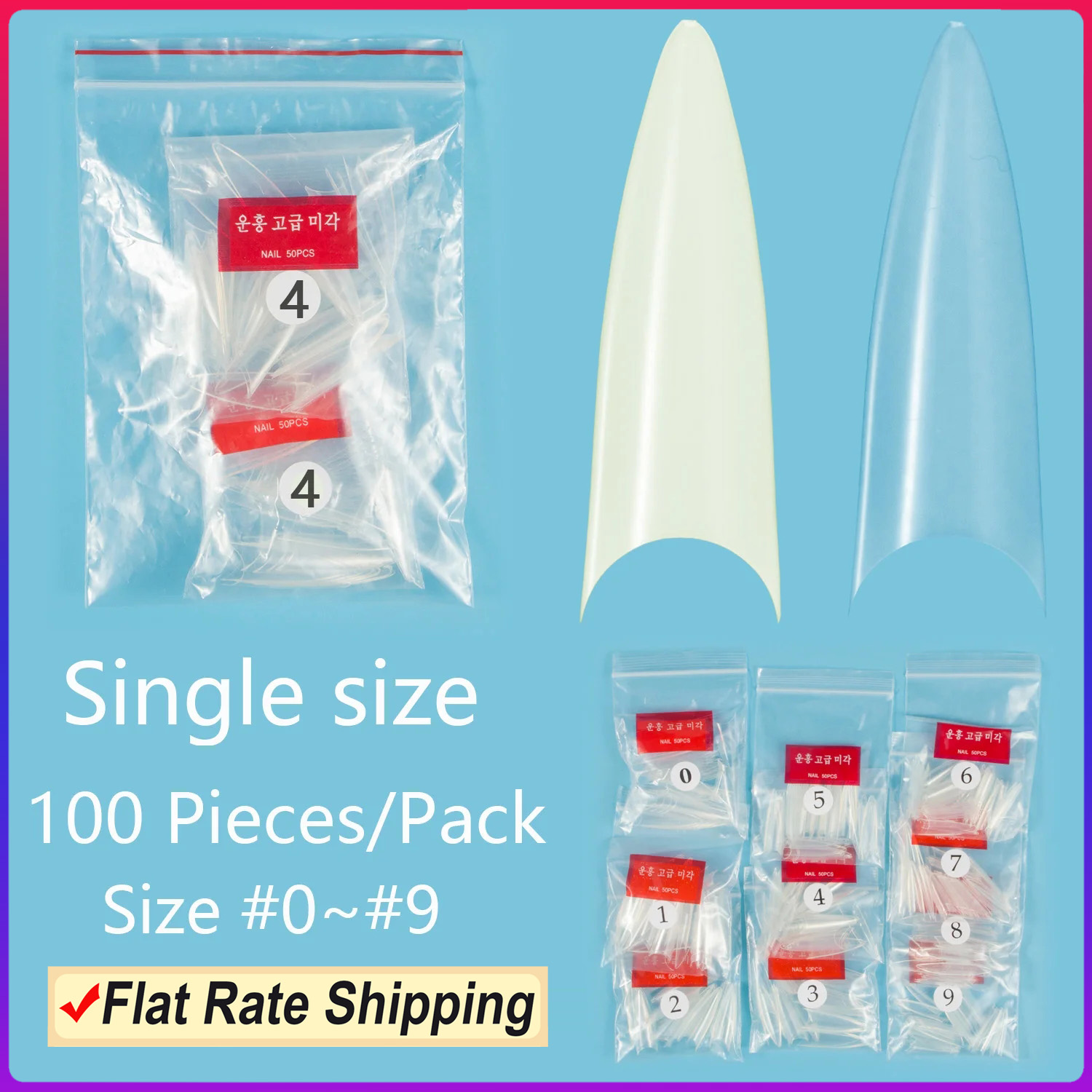 Lange Stiletto-Einzelgröße, 100 Stück, künstliche Nagelspitzen, Wiederherstellung der Größe 3, 4, 5, 6, künstliche Nägel, halbe Abdeckung, Nagelspitzen, künstliche Nägel