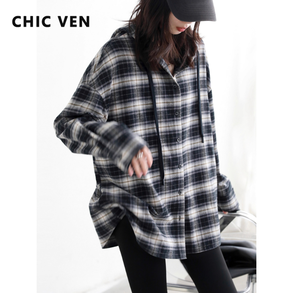 CHIC VEN Koreanische Frauen Hemd Neue Baumwolle Gebürstet Mit Kapuze Plaid Blusen Lange Ärmeln Oversize Weiblichen Mantel Herbst Winter2022