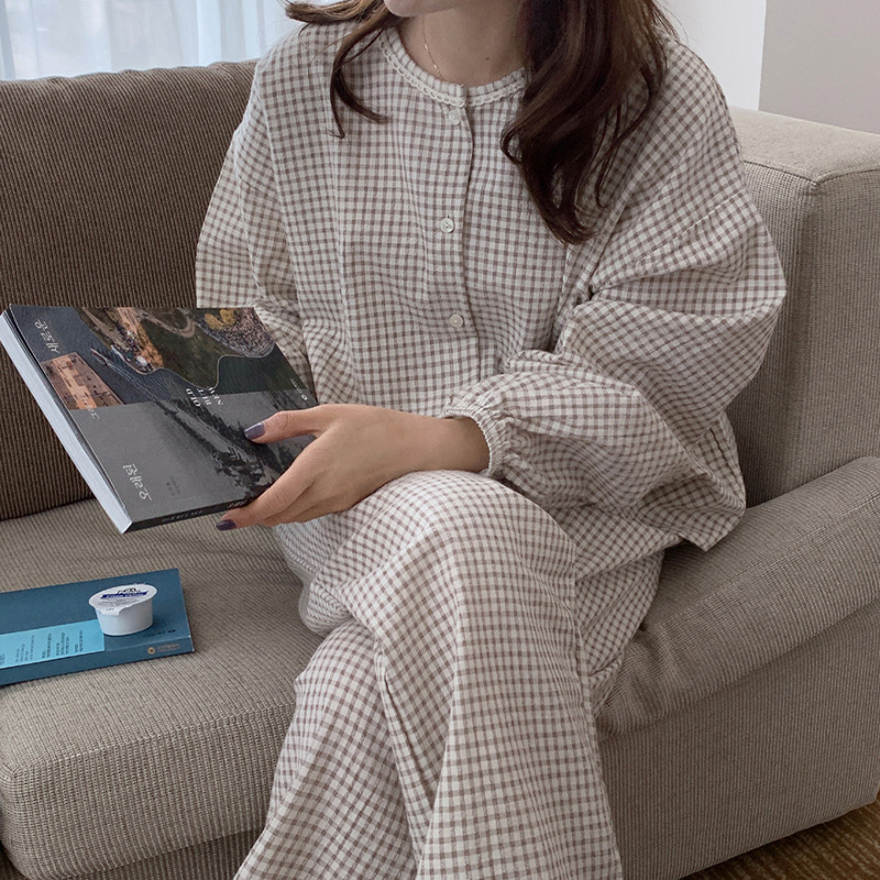 Vintage Plaid Tracksuit for Women 100% Cotton Casual O-Neck Long Sleeve Tops and Pants 2 Pcs Set Comfortable Women's Outfit