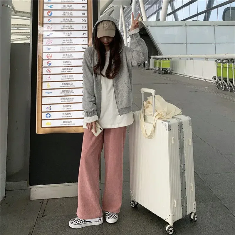 Primavera e outono rosa calças de veludo feminino casual perna larga sweatpants feminino cintura alta em linha reta solta super quente dropshipping