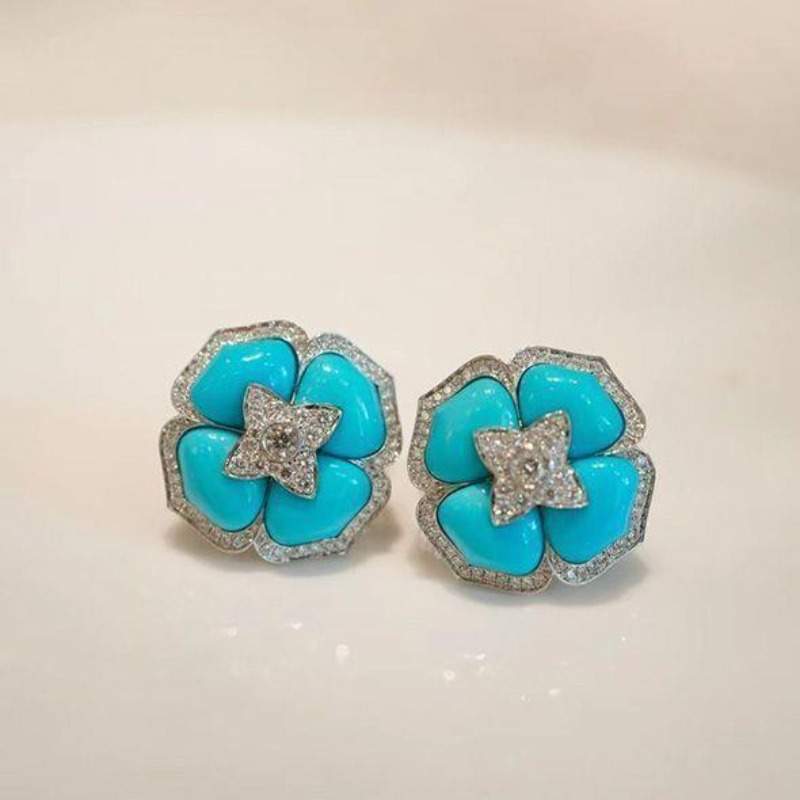 Luxury and fashionable turquoise earings stud with silver inlaid blue flower earrings for women classic wedding jewelry gift
